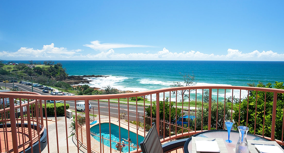 2nd floor verandah overlooking pool and ocean views at Villa Seascapes | Sunshine Coast Holiday Homes