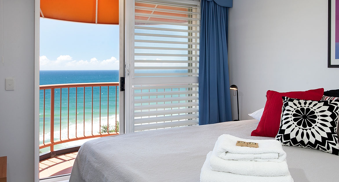 Bedroom with beach and ocean views at Villa Seascapes | Sunshine Coast Holiday Homes