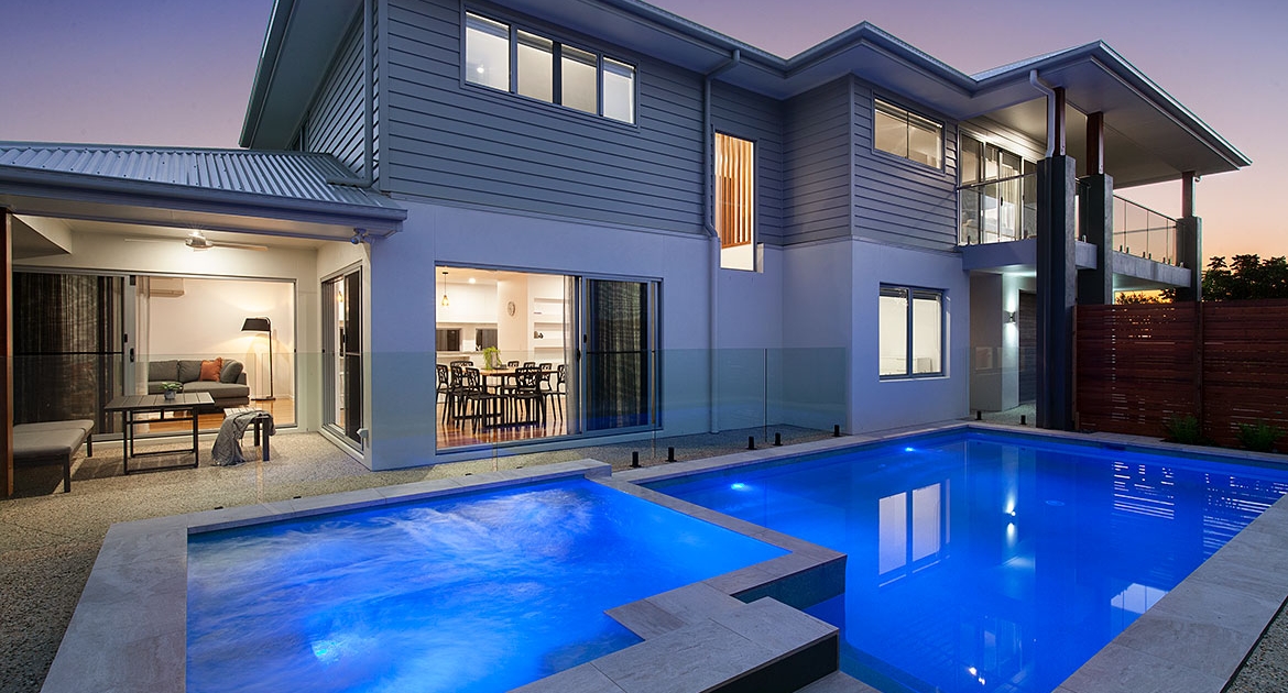 Outdoor pool night time at Sea Renity Coolum Beach | Sunshine Coast Holiday Homes